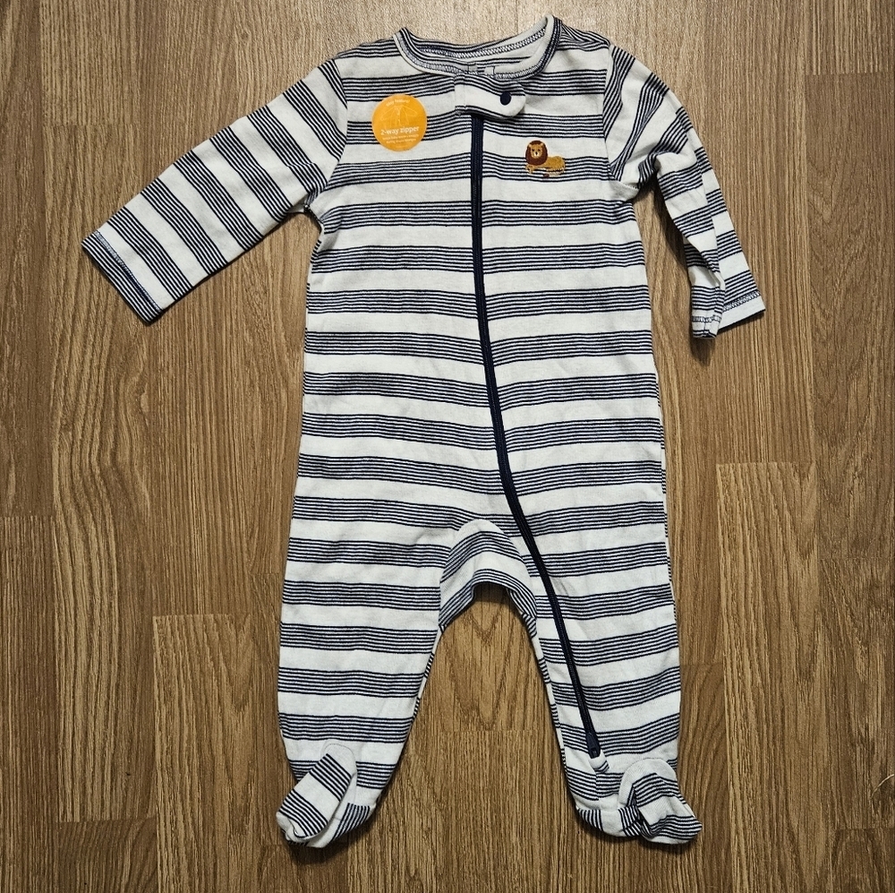 Navy and White Striped Footie With Embroidered Lion